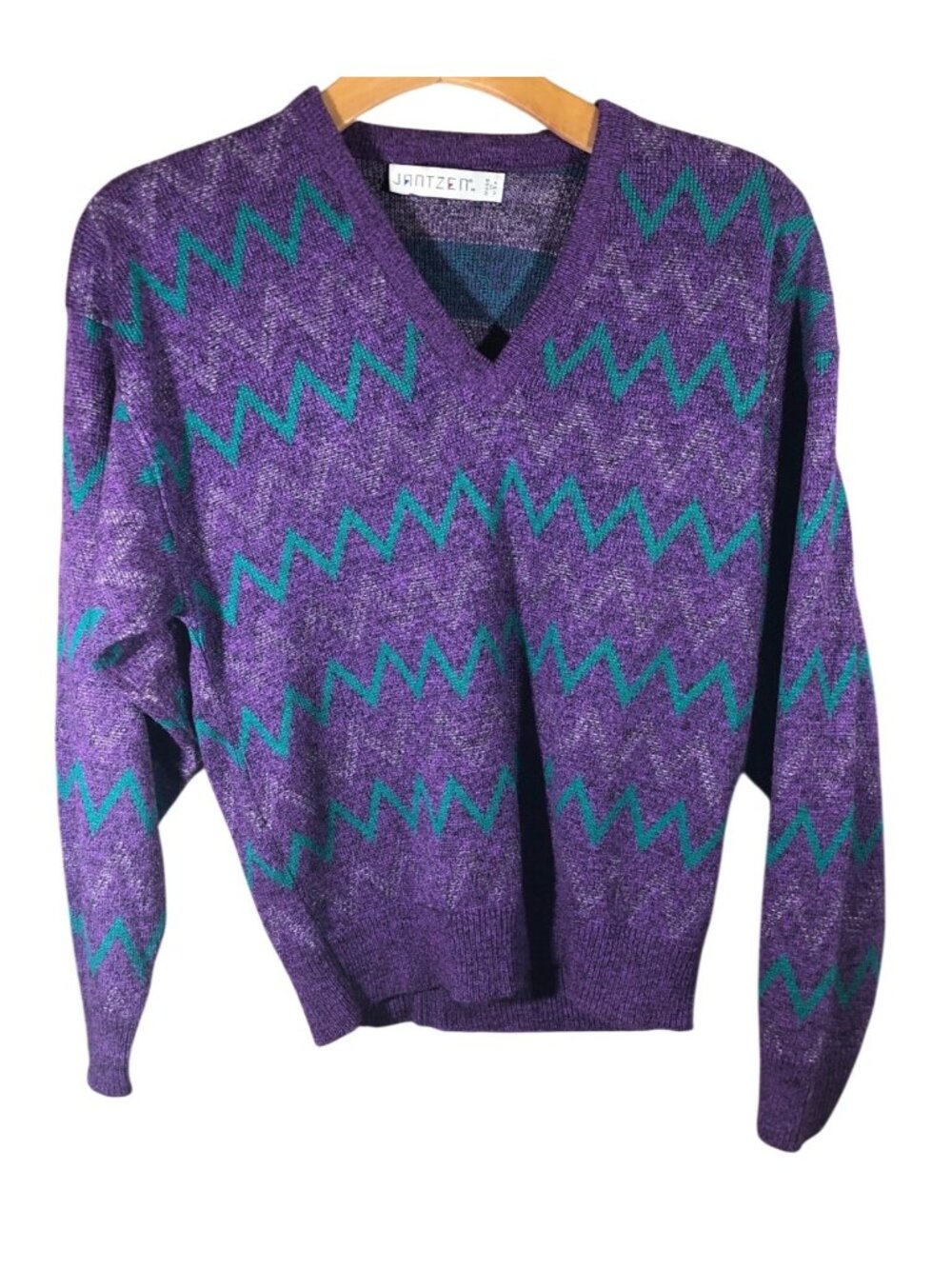 Vintage Sweater Jantzen Womens M Purple Chevron 1980s Knit V-Neck USA